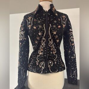 Embellished Black Beaded Zip-Front Jacket